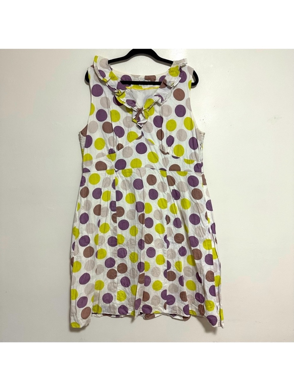 Boden Linen Polka Dot Ruffle Neck Sleeveless Dress